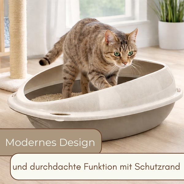 Moderne Katzentoilette mit hohem Schutzrand, in der eine Katze auf Katzenstreu steht.
