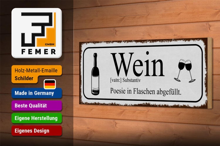 Holzschild Spruch 27x10cm Wein Poesie in Flaschen