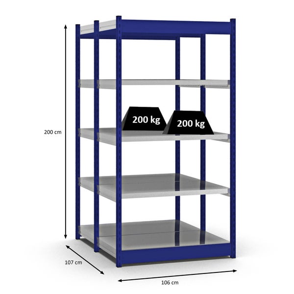 PROREGAL Fachbodenregal Stecksystem Vierkant-Profil Grundregal HxBxT 200 x 102,5 x 50 cm 2x5 Ebenen Doppelseitige Bauart Fachlast 200 kg Enzianblau