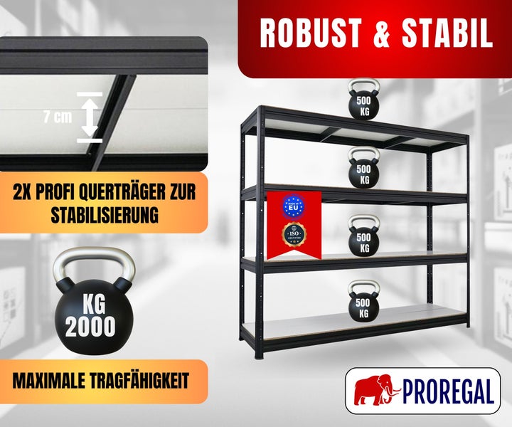 Proregal Schwerlastregal, 4 Böden, 2000 Kilogramm Traglast, 500 Kilogramm pro Boden, zwei Querträger pro Ebene, 7 Zentimeter hoch, ISO zertifiziert.