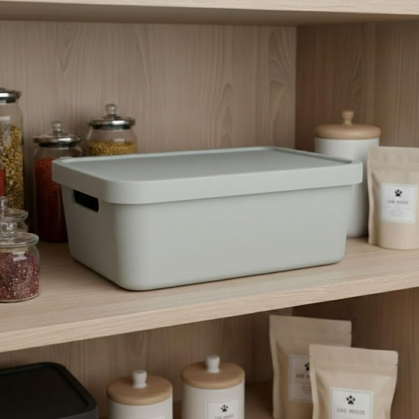 Aufbewahrungsbox mit Deckel im Regal