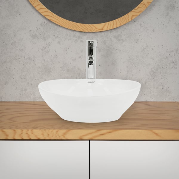 ECD Germany Waschbecken Waschtisch ca. 410 x 330 x 142 mm aus Keramik Weiß Aufsatzbecken Aufsatzwaschbecken Handwaschbecken Aufsatzwaschtisch Spülbecken Becken Wasserfall Waschschale Waschschüssel