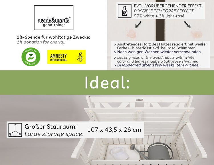 needs&wants® Gartenbank Holz wetterfest mit Stauraum und Abdeckung, 2-Sitzer Truhenbank Holzbank klassisch, Parkbank Sitzbank massiv Garten Outdoor mit Truhe, Naturholz Massivholz, weiß