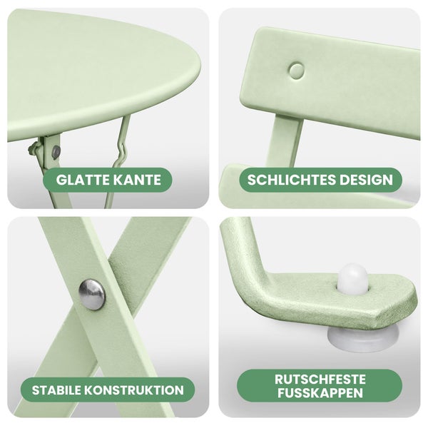 Gartenmöbel aus Metall: Details zu glatter Kante, schlichtem Design, stabiler Konstruktion und rutschfesten Fußkappen.