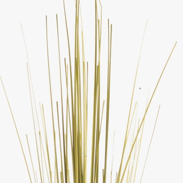 Nahaufnahme von künstlichem Ziergras mit langen, schmalen grünen und gelbbraunen Halmen.