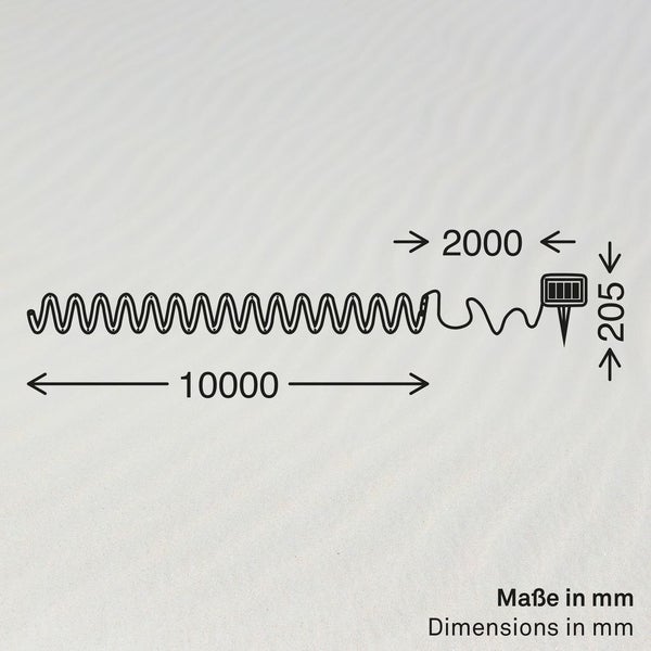 Maßzeichnung einer Solar-Lichterkette mit Abmessungen in Millimeter: Leuchtstreifen 10000, Zuleitung 2000 und Solarpanel 205.