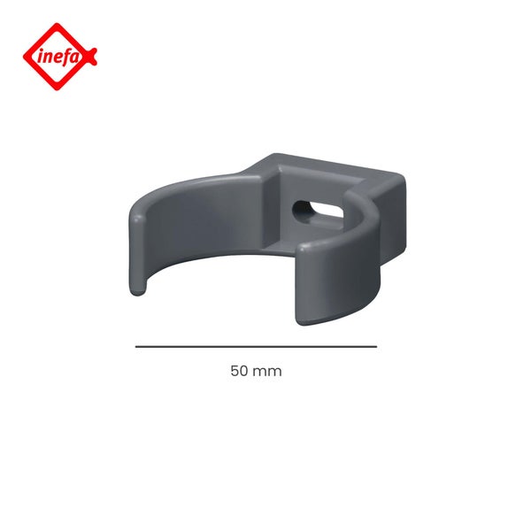 Inefa Logo, grauer Rohrclip aus Kunststoff, 50 Millimeter.