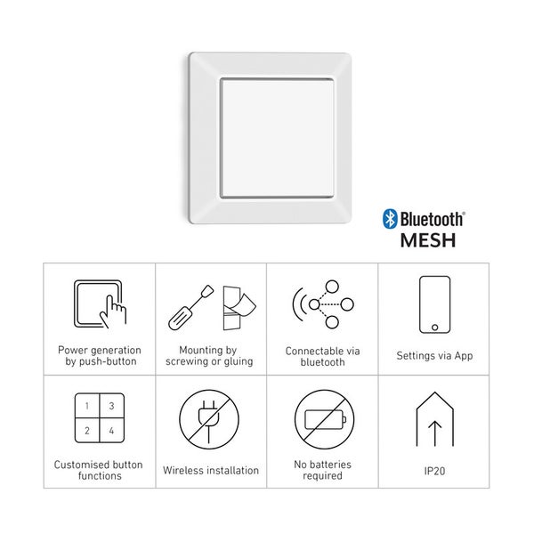 Smarter Wandschalter mit Bluetooth Mesh Logo, kinetischer Energiegewinnung, batterielosem Betrieb, App-Steuerung und Schutzart IP20.