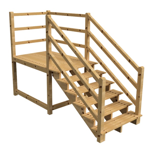 Holztreppe mit Plattform und Geländer