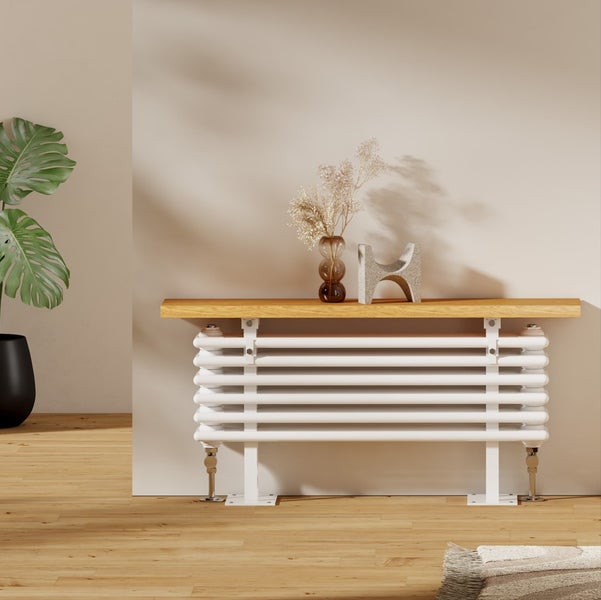 EMKE Designheizkörper mit Holzablage, Heizkörper mit Warmwasserbetrieb, horizontal, 674 Watt, 100 cm x 48 cm, Weiß