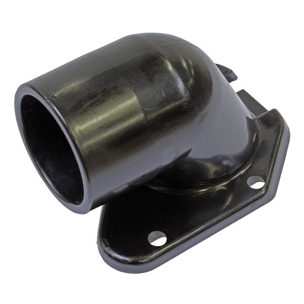 Schwarzer Kunststoff-Rohrkrümmer mit Montageflansch.