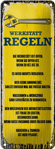 Blechschild Spruch lustig Werkstatt Regeln 27x10cm