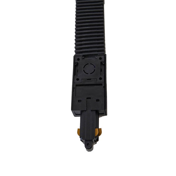 Schwarzer Einspeiser für Stromschienensysteme aus Kunststoff mit Metallkontakten.