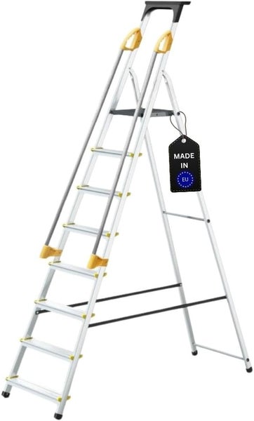 PROREGAL Stufenstehleiter ATLAS mit Werkzeugablage & Handlauf Einseitig Begehbar 8 Stufen Arbeitshöhe 3,62 m Traglast 150 kg