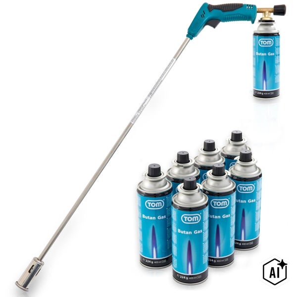 Unkrautbrenner mit langem Metallrohr inklusive acht Gaskartuschen mit Butangas für den Garten.
