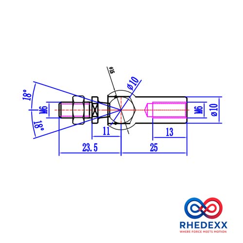 Technische Zeichnung eines Winkelgelenks M6 mit Abmessungen und Winkelangaben, RHEDEXX Logo.