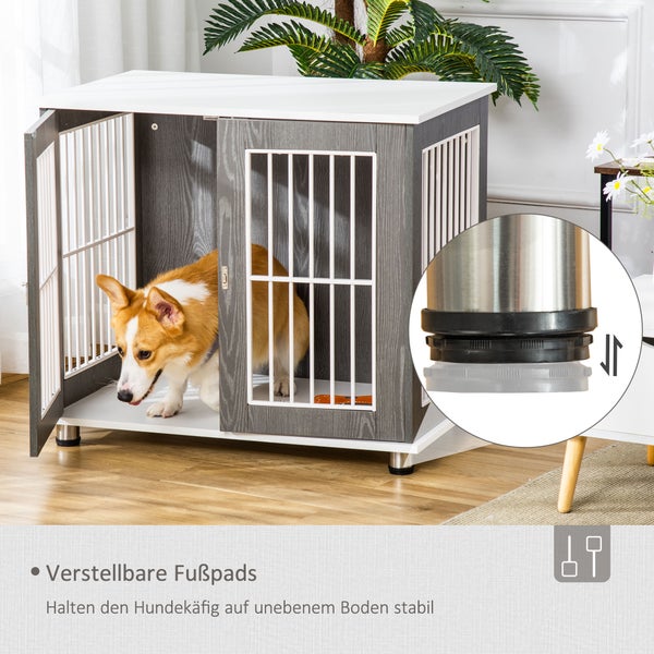 PawHut Hundehütte Hundehaus aus Holz Transportbox Kleintierkäfig für mittelgroße und kleine Hunde erhöhtes Design innen Stahl Grau+Weiß 85 x 55 x 75 cm