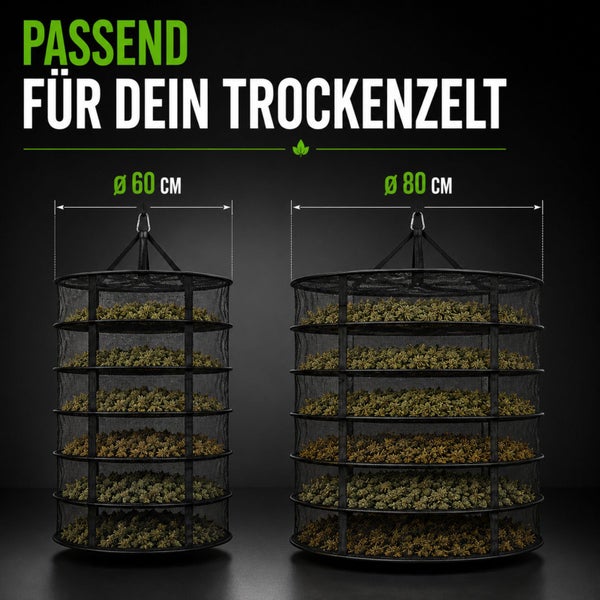 Zwei schwarze Hängenetze zum Trocknen von Pflanzen mit einem Durchmesser von 60 Zentimeter und 80 Zentimeter, passend für ein Trockenzelt.