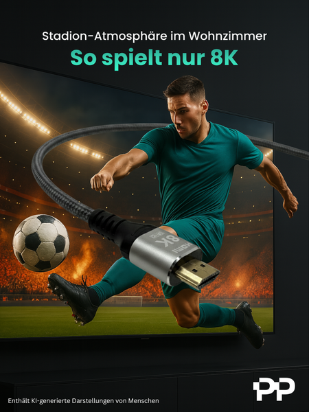 8K HDMI Kabel vor einem Fernseher mit einer dynamischen Fußballszene im Stadion für Heimkino-Erlebnisse. PP Logo.