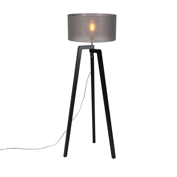 QAZQA - Modern Stehleuchte I Stehlampe I Standleuchte I Lampe I Leuchte Stativ schwarz Holz mit grauem Schirm 50 cm - Puros I Wohnzimmer I Schlafzimmer - Rund - LED geeignet E27