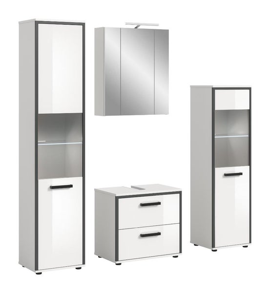 Mehrteiliges Badezimmermöbel-Set bestehend aus Hochschrank, Spiegelschrank, Waschtischunterschrank und Midischrank in Weiß und Grau.
