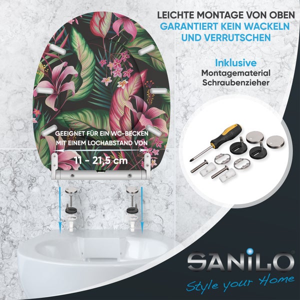 Sanilo WC Sitz mit tropischem Blumenmuster und Montageanleitung für eine stabile Befestigung von oben inklusive Montagematerial und Schraubendreher.