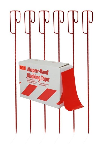 Absperrband rot/weiß 250m inkl. 6 x Absperrleinenhalter rot als Absperrset