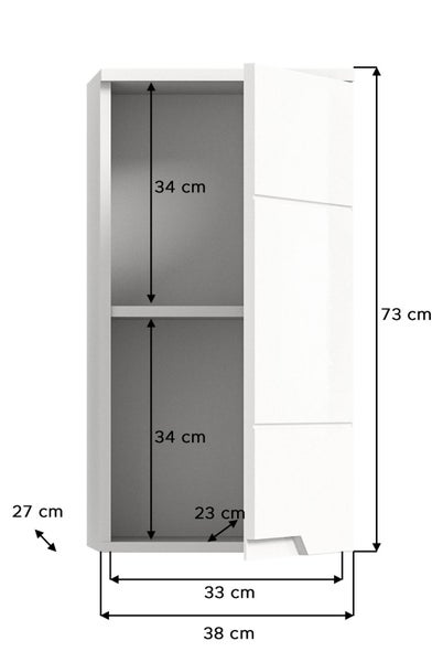 Weißer Hängeschrank mit Maßen: Höhe 73 Zentimeter, Breite 38 Zentimeter, Tiefe 27 Zentimeter, Innenfächer jeweils 34 Zentimeter hoch.