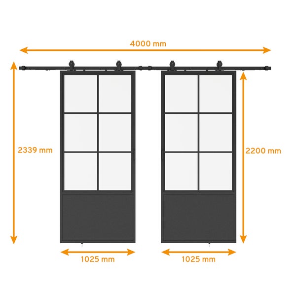 Loftschiebetür Doppelflügelig 2050x2200mm Klarglas Stahl in schwarz, Komplettset