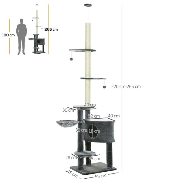 PawHut Kratzbaum Deckenhoch Höhenverstellbar 220-265cm Katzenbaum mit Sisalsäulen, Spielball, Höhenverstellbarer Katzenkratzbaum, Katzen Kletterbaum mit Katzenbett, Katzenhaus, Dunkelgrau