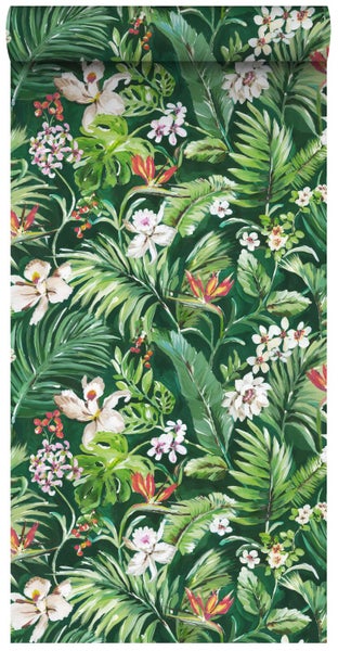 ESTAhome XXL-Vliestapete tropische Blätter und Blüten Emeraldgrün - 50 x 900 cm - 158893