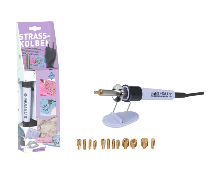 Pebaro Strasskolben Set mit 12 Aufsätzen und Ablageständer zum Verzieren von Textilien mit Strasssteinen und Nieten