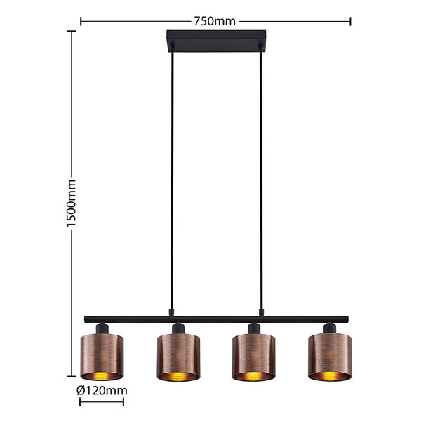Pendelleuchte 4-flammig in Schwarz mit kupferfarbenen Schirmen. Breite 750 Millimeter, Höhe 1500 Millimeter, Schirmdurchmesser 120 Millimeter.
