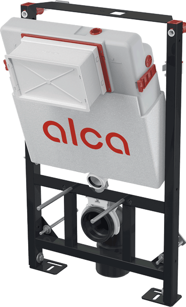 Vorwandelement für Wand-WC von Alca mit Unterputz-Spülkasten und schwarzem Metallrahmen.