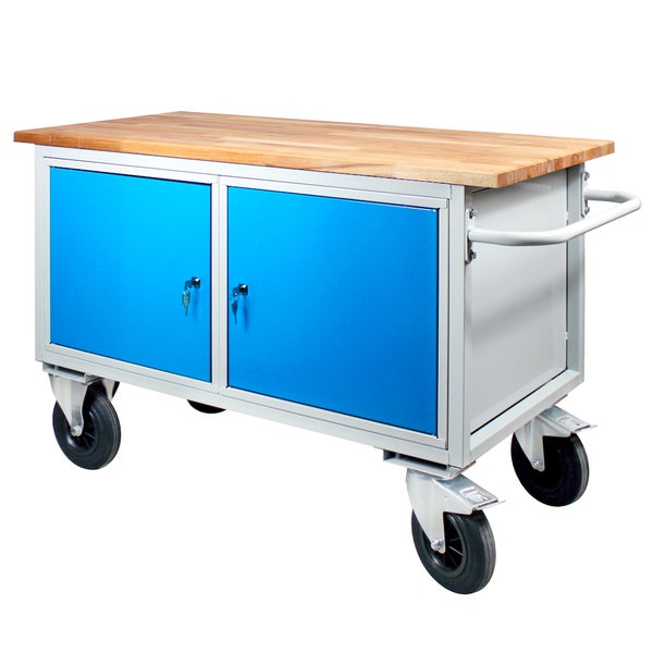 PROREGAL Mobile Werkbank Rhino mit 2 Türen HxBxT 83 x 130 x 60 cm Traglast 500 kg Lichtgrau Blau