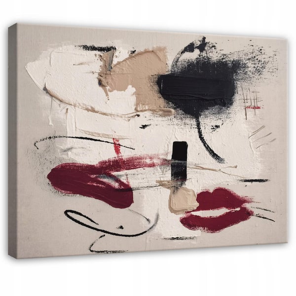 Abstraktes Leinwandbild mit schwarzen, weißen und roten Farbakzenten