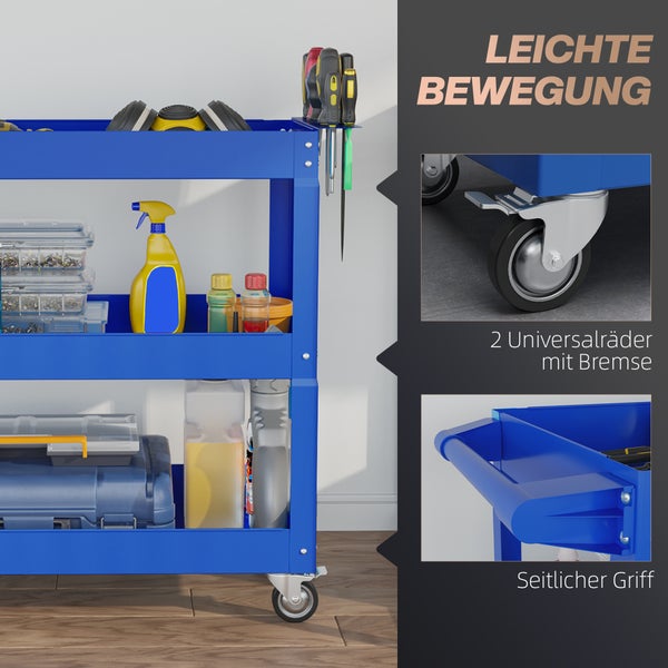 Blauer Werkstattwagen mit drei Etagen, zwei Universalrädern mit Bremse und einem seitlichen Griff zur einfachen Bewegung.