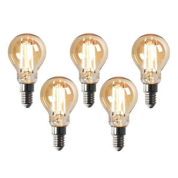 Fünf LED-Filament-Leuchtmittel in Tropfenform mit E14-Sockel und bernsteinfarbenem Glas.