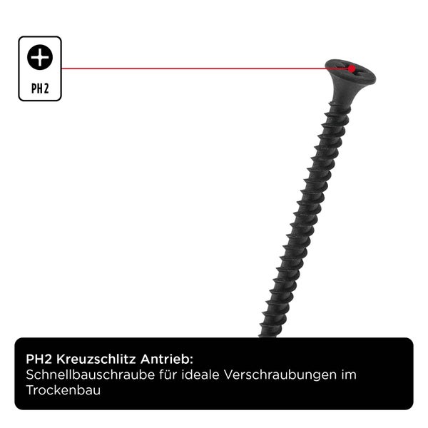 kwb Schnellbauschrauben 3.9x45 mm. PH2, 350 Stück, PH2, Trockenbauschrauben, Rigips Schrauben, Schwarz, Phosphatiert, Feingewinde, Kreuzschlitz
