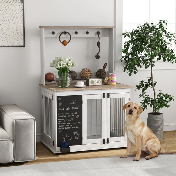 PawHut Hundekäfig für Zuhause, Hundehaus mit Haken, 3 Türen, Hundebox mit Aufbewahrungsregal für Spielzeug, Radiergummi, Schreibtafel, für große Hunde, Weiß