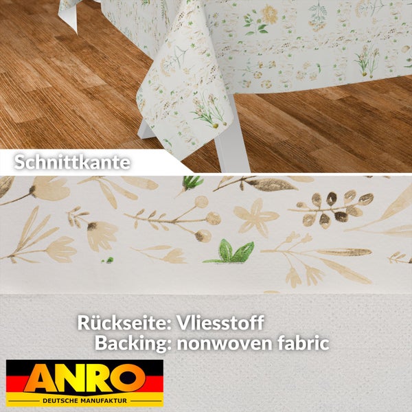 Wachstischdecke mit Blumenmuster, Detail der Schnittkante und der Rückseite aus Vliesstoff. ANRO DEUTSCHE MANUFAKTUR Logo.