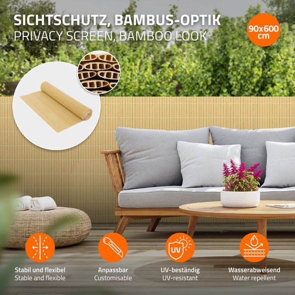 ECD Germany PVC Sichtschutzmatte 90 x 600 cm (2x 3m), Bambus, Sichtschutzzaun 3-Gewicht-Verstärkung, UV-beständig, Windschutz Balkonverkleidung Zaunblende, Sichtschutz für Garten, Balkon & Terrasse