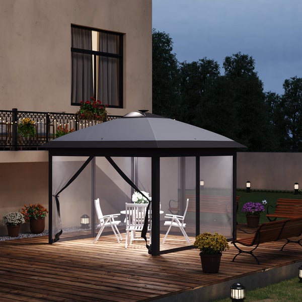 Outsunny Pavillon  3,3 x 3,3 m Faltpavillon mit LED, USB-Ladeanschluss Pop-Up-Pavillon mit Mesh-Seitenwände Gartenpavillon mit Sonnenschutz inkl. Tasche Oxford Grau