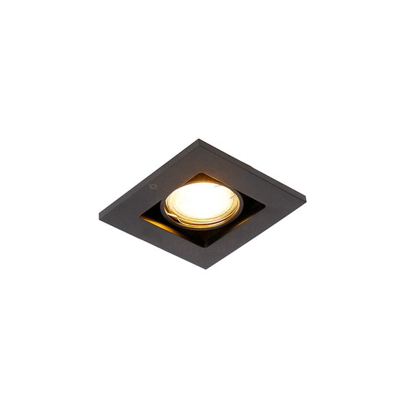 Quadratischer Einbaustrahler in Schwarz mit eingeschaltetem Leuchtmittel.