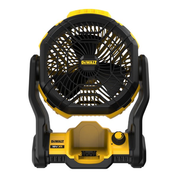 DeWalt 18 Volt XR Akku-Ventilator für Baustellen mit verstellbarem Neigungswinkel und robustem Gehäuse.