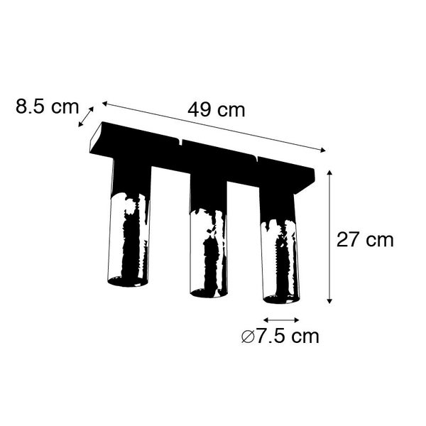 Abbildung einer Deckenleuchte mit drei Lampen und Maßangaben.