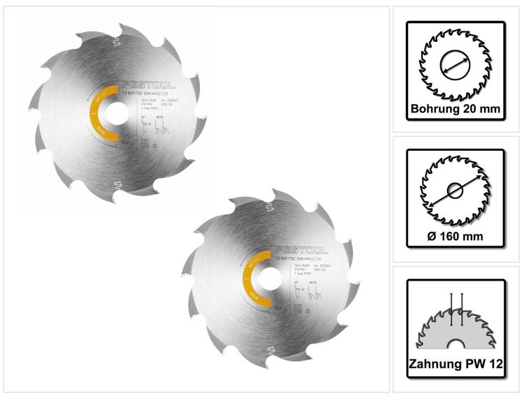 Festool 2x Kreissägeblatt Wood Rip Cut HW 160 x 1,8 x 20 mm PW12 ( 2x 205550 ) für Tauchsägen TS 55 F, TSC 55 K & Handkreissägen HK 55, HKC 55