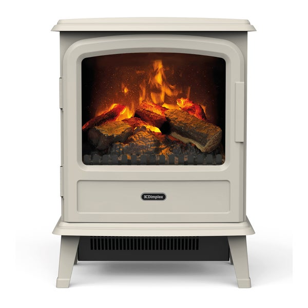 Elektrischer Kaminofen Dimplex in Creme mit realistischem Flammeneffekt und Holzscheiten.