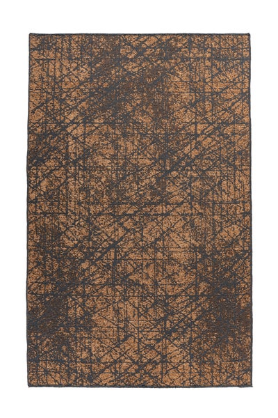 Rechteckiger Teppich mit abstraktem Linienmuster in Kupfer und Anthrazit.