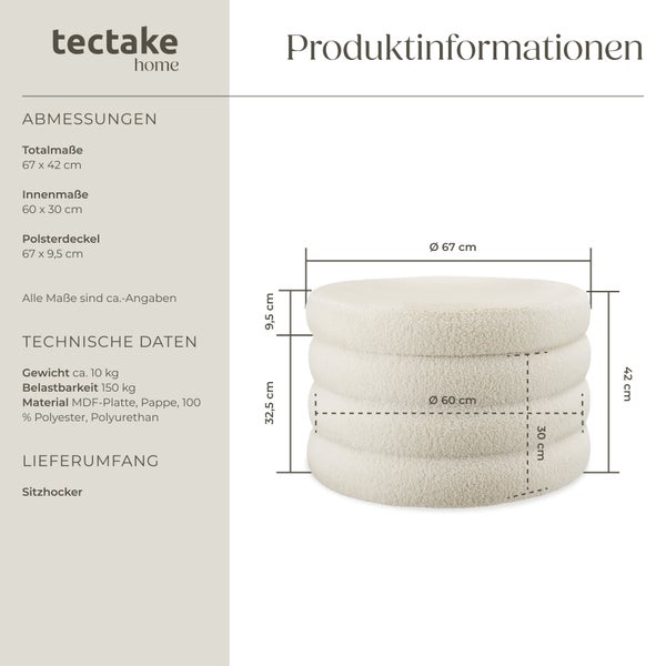 Sitzhocker mit Stauraum tectake Altu XL 67 x 42 cm rund Bouclé creme-weiß